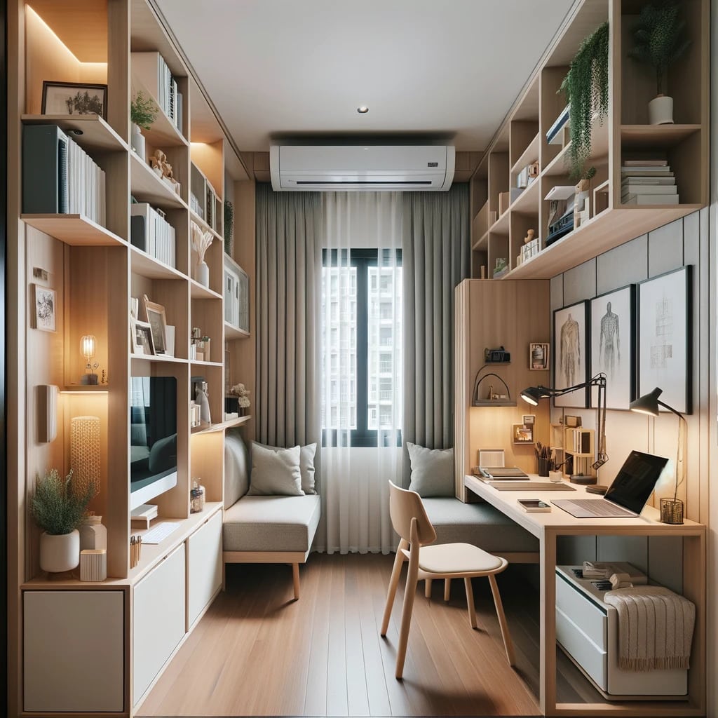 Cozy home office setup within a small Toronto condo, showcasing a workspace integrated with living