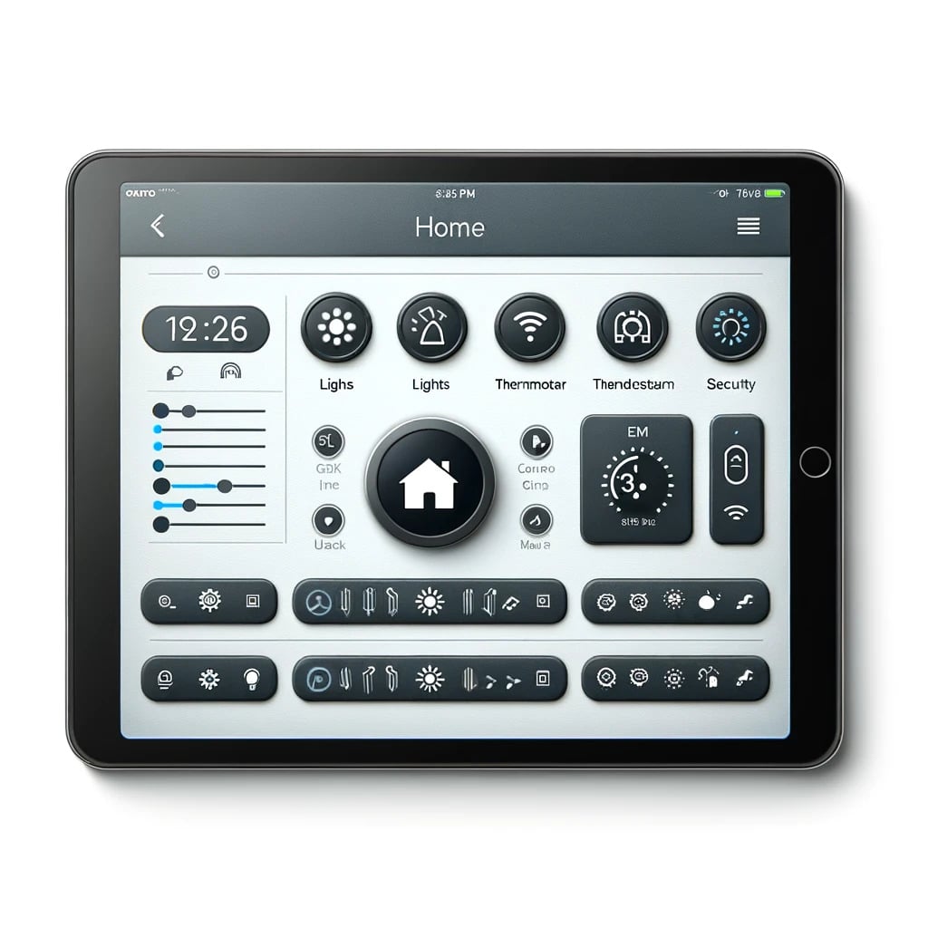 Smart home condo interface displaying control options for lights, thermostat, and security, illustrating modern technology
