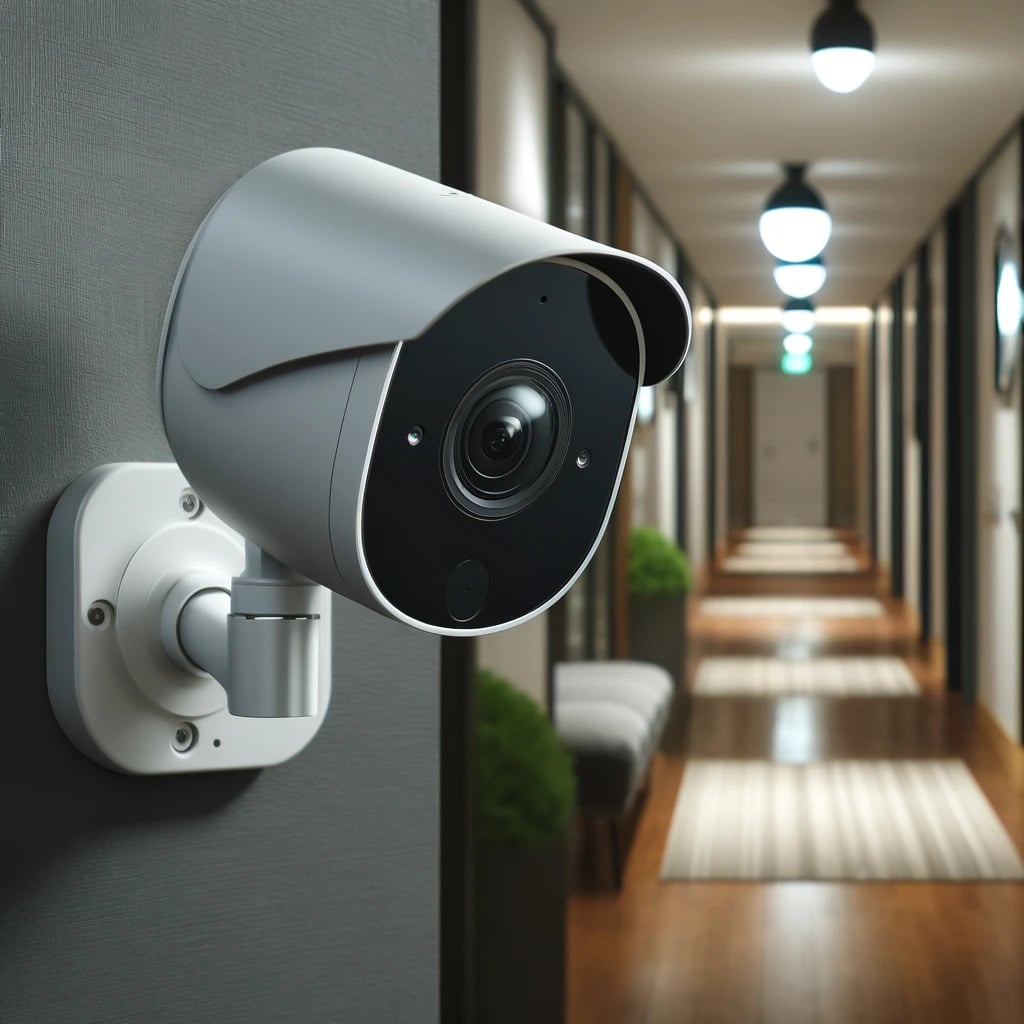 Security camera mounted on a condo hallway wall, enhancing safety and providing remote monitoring
