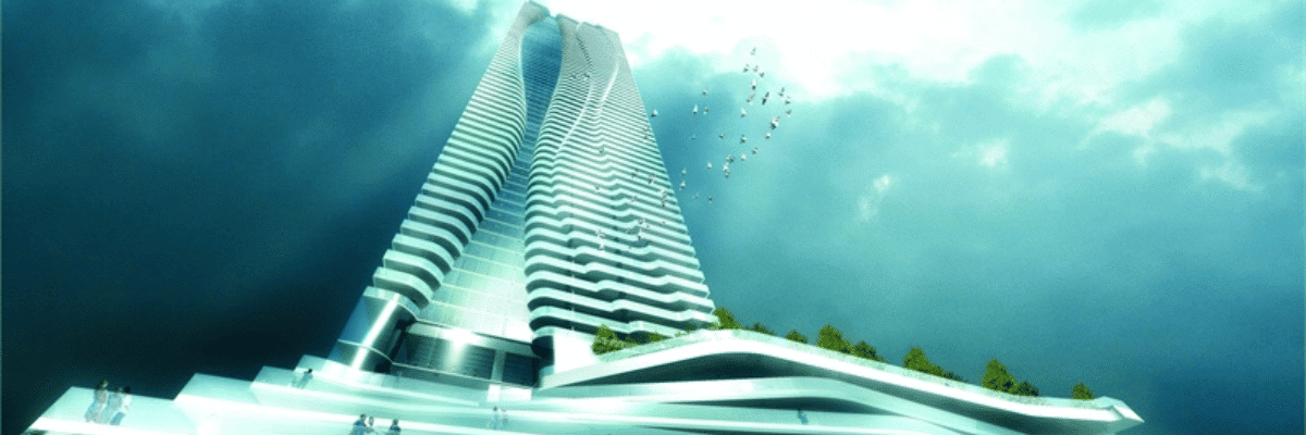 Architectural rendering of One Bloor Street condos in downtown Toronto, showcasing its 80-story design