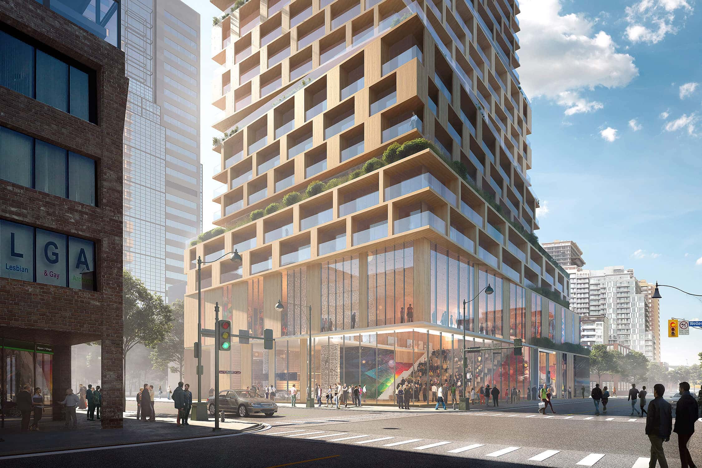 Architectural rendering of 3XN’s planned high-rise development at Church and Wellesley in Toronto, featuring stepped
