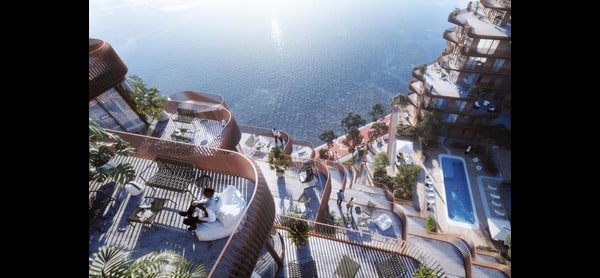Architectural rendering showcasing Aqualuna Condos in Toronto, featuring a modern, undulating design along the waterfront