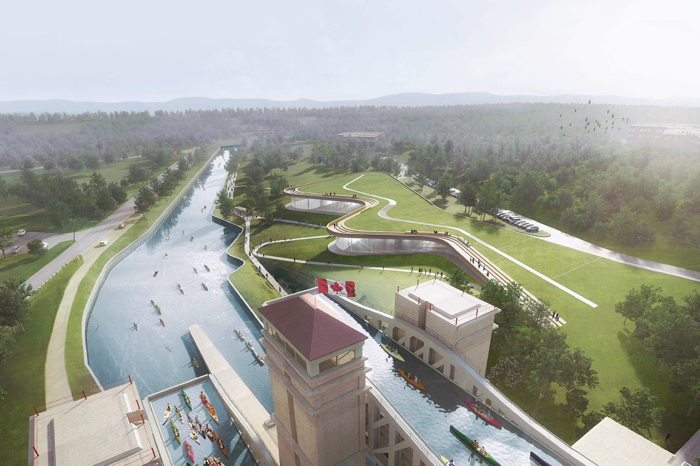 Architectural rendering of the Canadian Canoe Museum by Heneghan Peng, showcasing its landscape-hugging design along