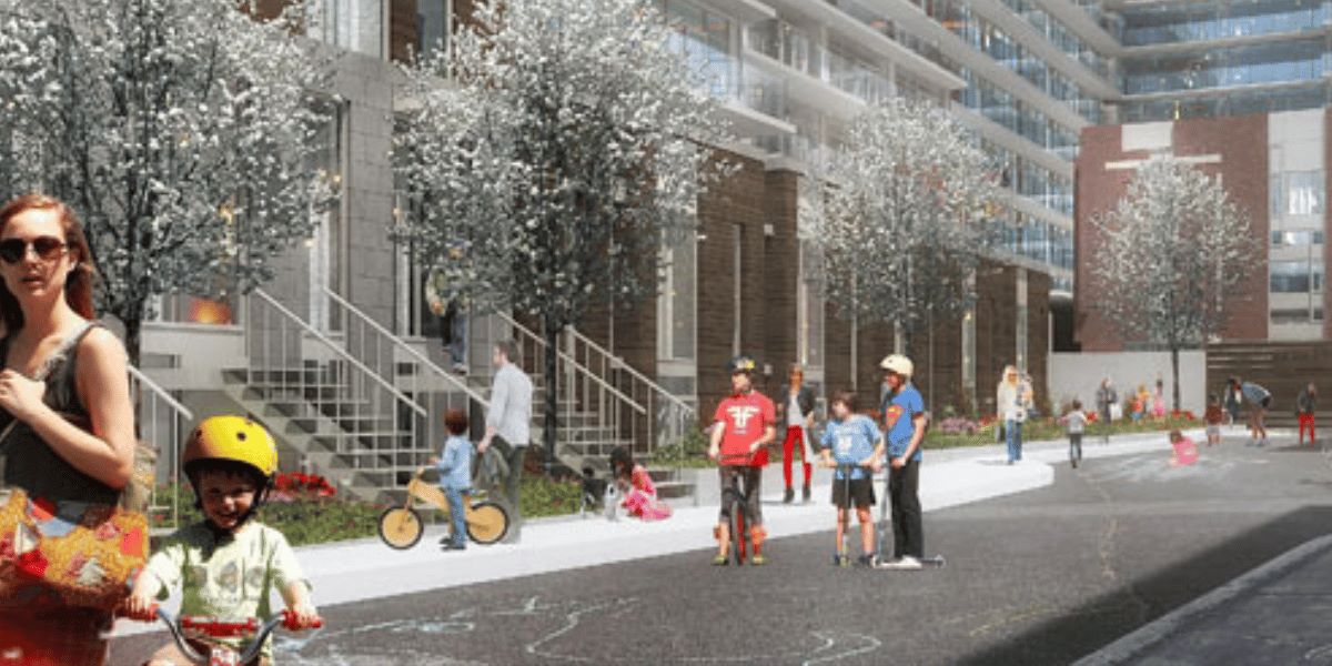 Modern Toronto condos and townhomes blend seamlessly with a vibrant Leslieville neighborhood scene, featuring families