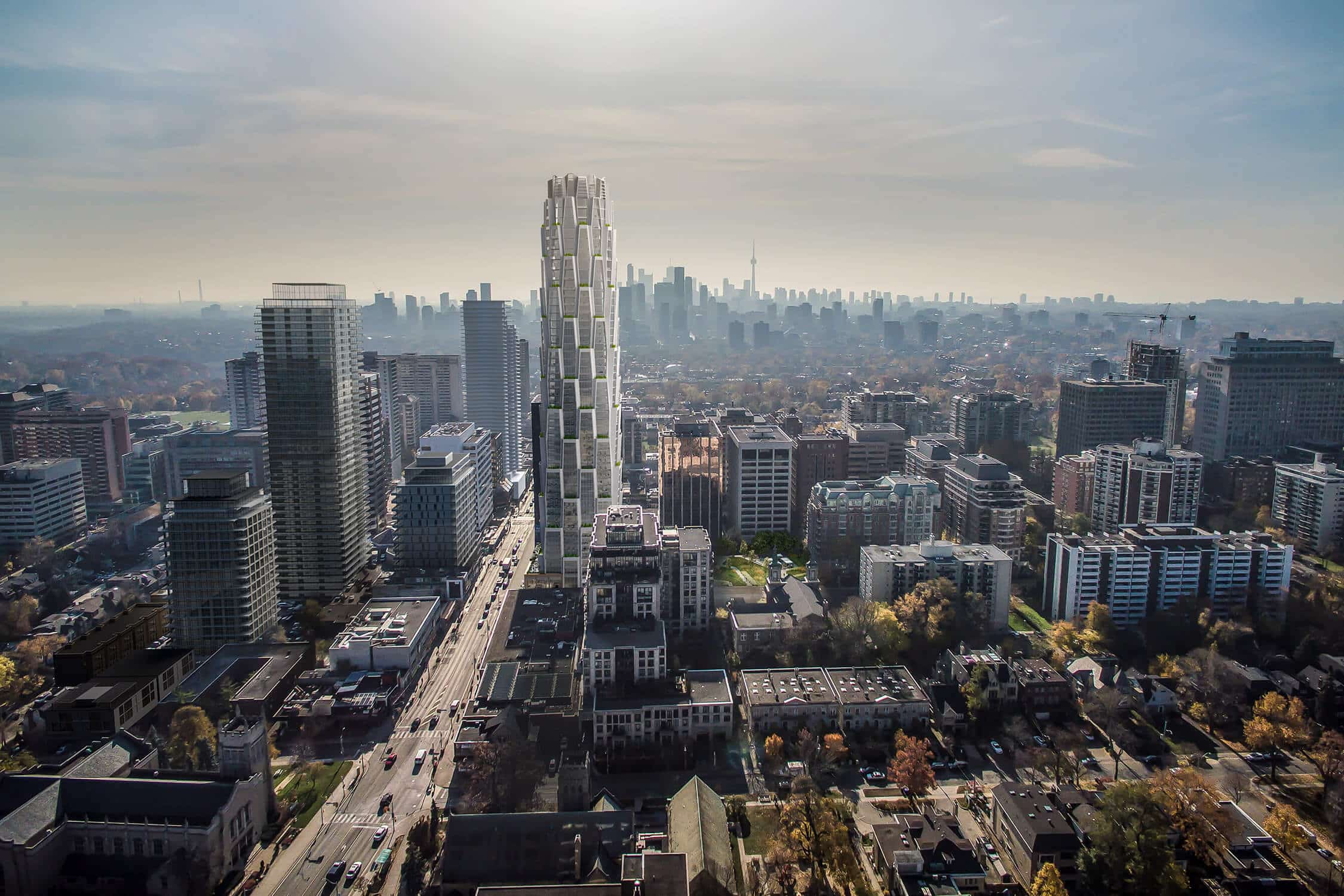 Architectural rendering of the One Delisle Tower, a planned 48-story cylindrical high-rise by Studio Gang