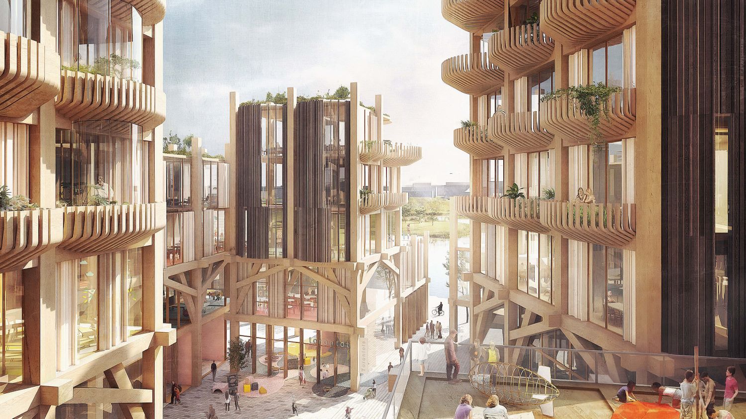 Architectural rendering showcasing fan-like balconies and balletic structural beams, inspired by Sidewalk Toronto proposals