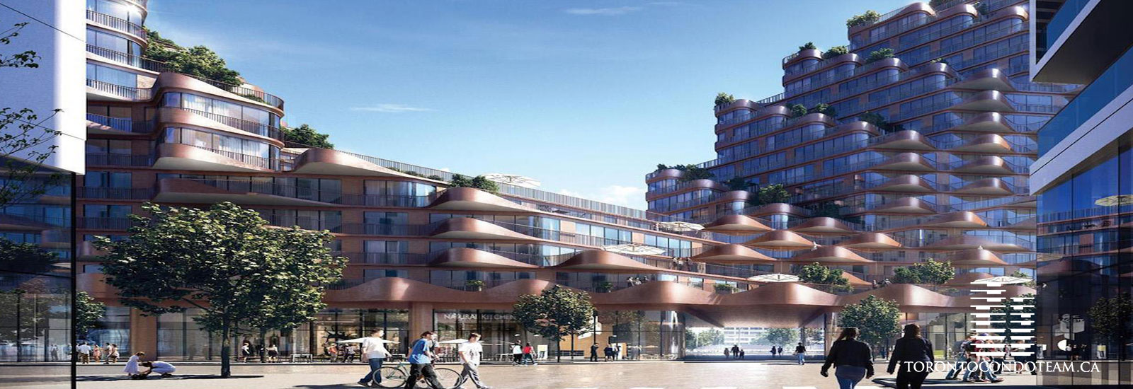 Panoramic view of modern Toronto waterfront condos with balconies and terraces, showcasing the desirable urban
