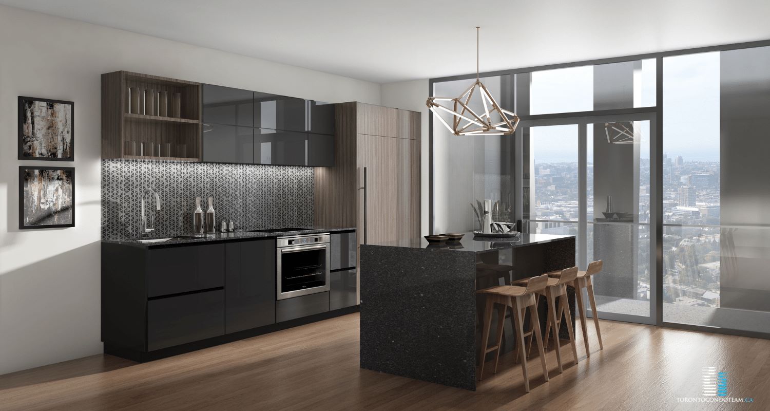 Modern kitchen interior in a Yorkville condo for sale, featuring sleek cabinetry, a kitchen island