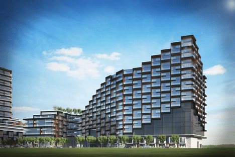 Artist rendering of a proposed Toronto condo development featuring a unique stair-like architectural design, resembling