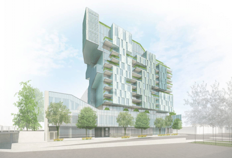 Artist rendering of a proposed multi-story condo development in Toronto, featuring a stair-like design