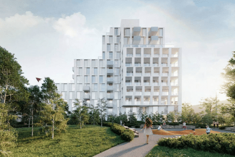 Rendering of a proposed all-white, Scandinavian-inspired condo building in Toronto, showcasing a minimalist design