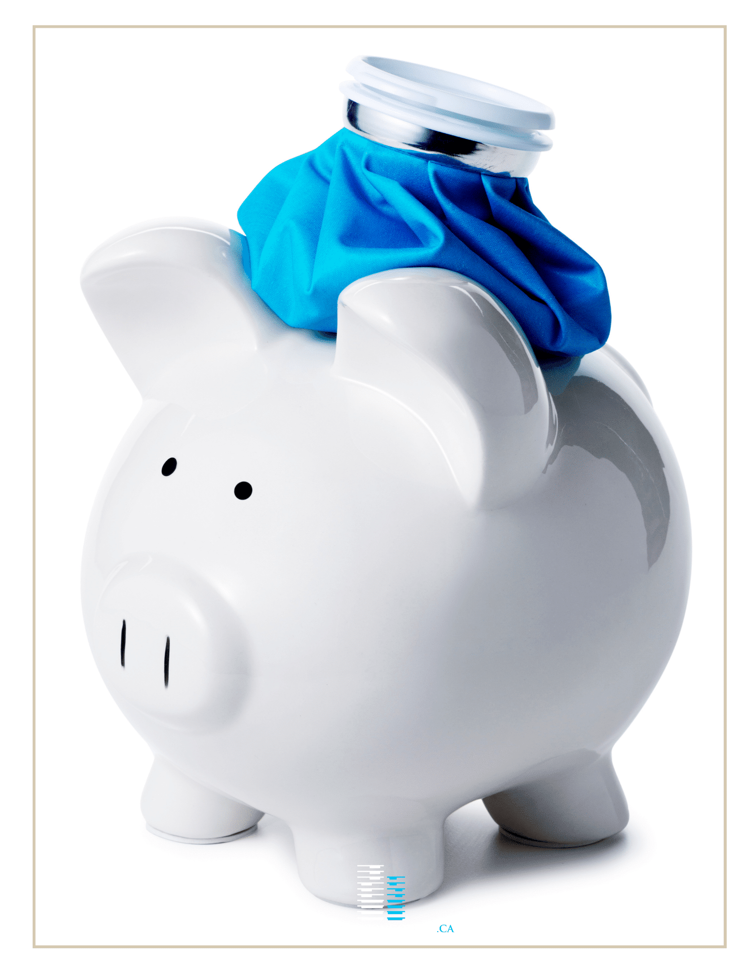 A white ceramic piggy bank with a blue money bag covering its head, illustrating mortgage