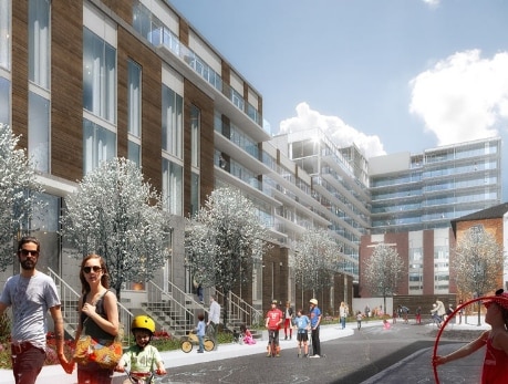 Modern condo building at 1220 Dundas Street East in Toronto, showcasing a vibrant East End