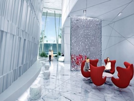 Modern lobby showcasing upscale amenities in a Financial District condo building in Toronto, featuring stylish