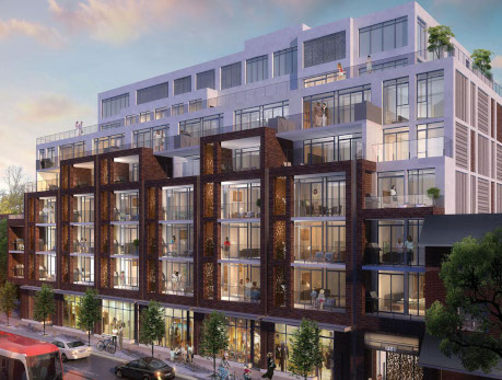 Modern condominium building at 1331 Queen St E in Toronto’s East End, featuring brick