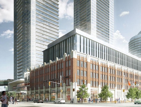 Architectural rendering of 17-19 Bathurst Street condos in Fort York, Toronto, showcasing modern high-rise buildings
