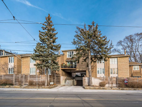 Exterior view of a brick condo building on Withrow Avenue in Toronto's East End, showcasing