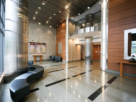 Modern lobby interior of the Aquarius condo building in Fort York, Toronto, showcasing stylish design