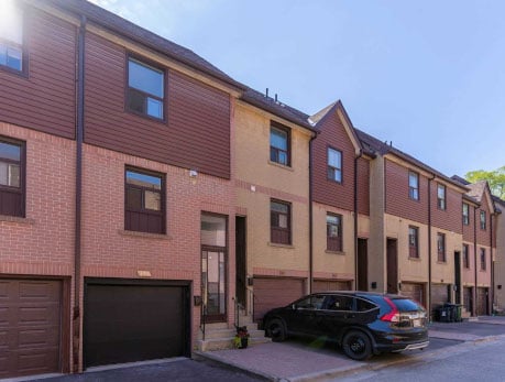 Modern townhomes at 275 Broadview Avenue in Toronto's East End, showcasing attached garages and contemporary