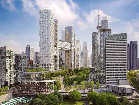 Architectural rendering of the Orca Project in Toronto’s CityPlace, showcasing modern condo towers connected