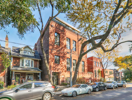 Exterior view of the Printers Row Lofts building at 525 Logan Avenue in Toronto’s East
