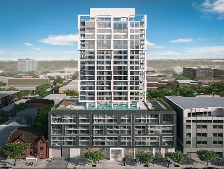 Modern high-rise condo building in Toronto's East End, showcasing East 55 Condos on Ontario Street