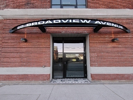 Exterior view of 68 Broadview Avenue, a loft building in Toronto's East End, showcasing