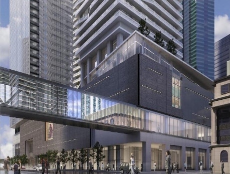 Modern Toronto Financial District condo building, 88-100 Harbour Street, featuring a skybridge connecting to adjacent