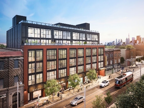 Architectural rendering of the Ketso tall condo building on Queen Street East in Toronto, showcasing