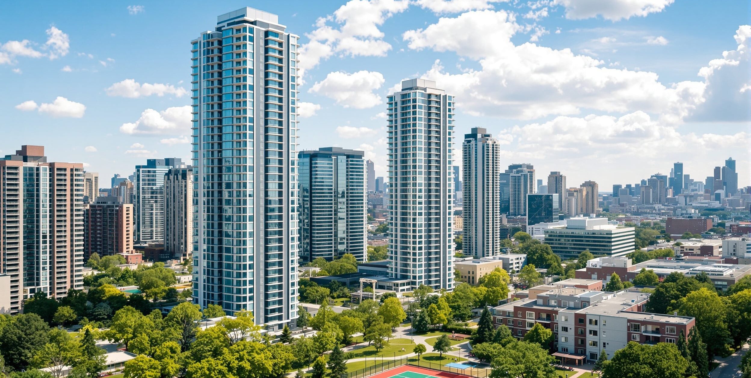 Modern Regent Park condo buildings in Toronto, Ontario, featuring high-rise residences and green space, offering