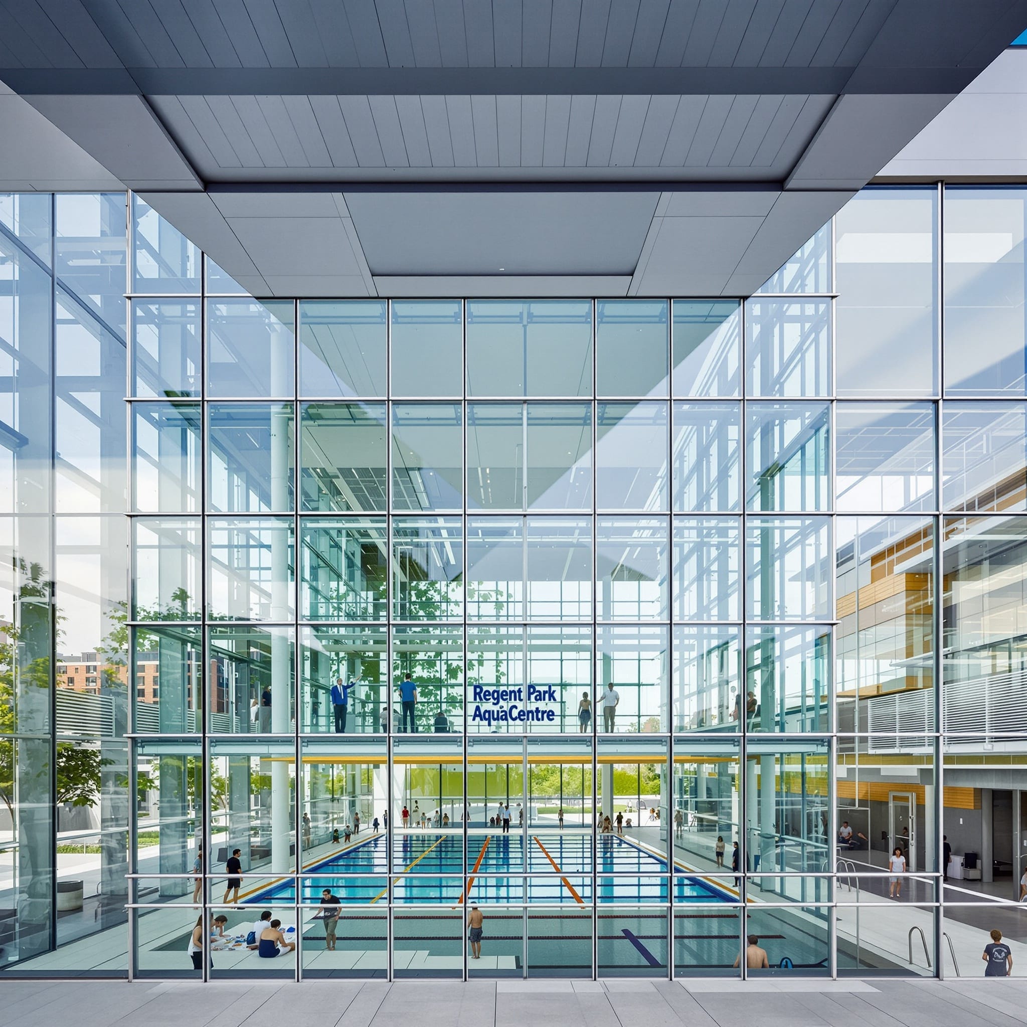 Regent Park AquaCentre showcasing a modern, glass-fronted facility with an indoor swimming pool, highlighting community