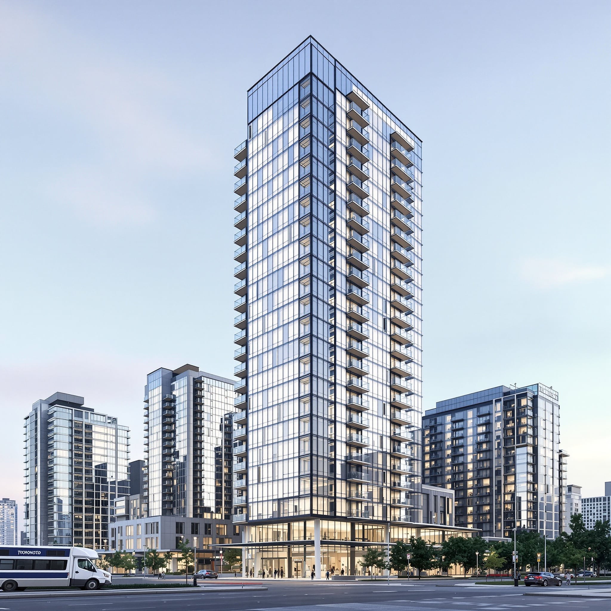 Modern glass condominium tower in Toronto's Financial District, showcasing potential views and building quality