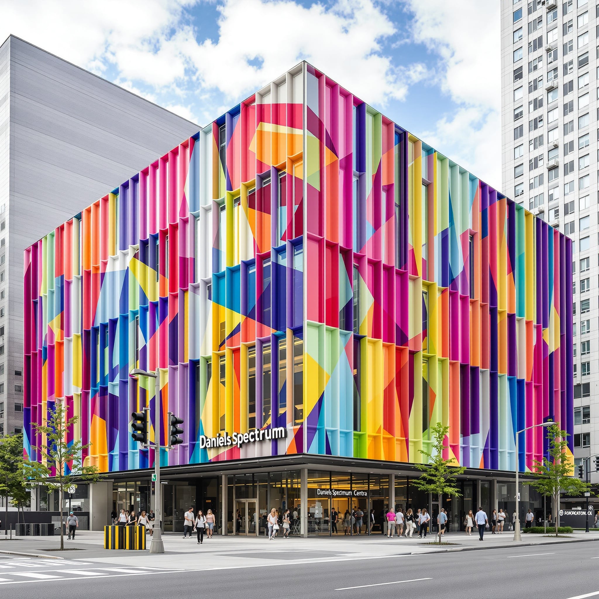 Colorful Daniels Spectrum Centre condo building in Regent Park, Toronto, showcasing modern architecture and vibrant