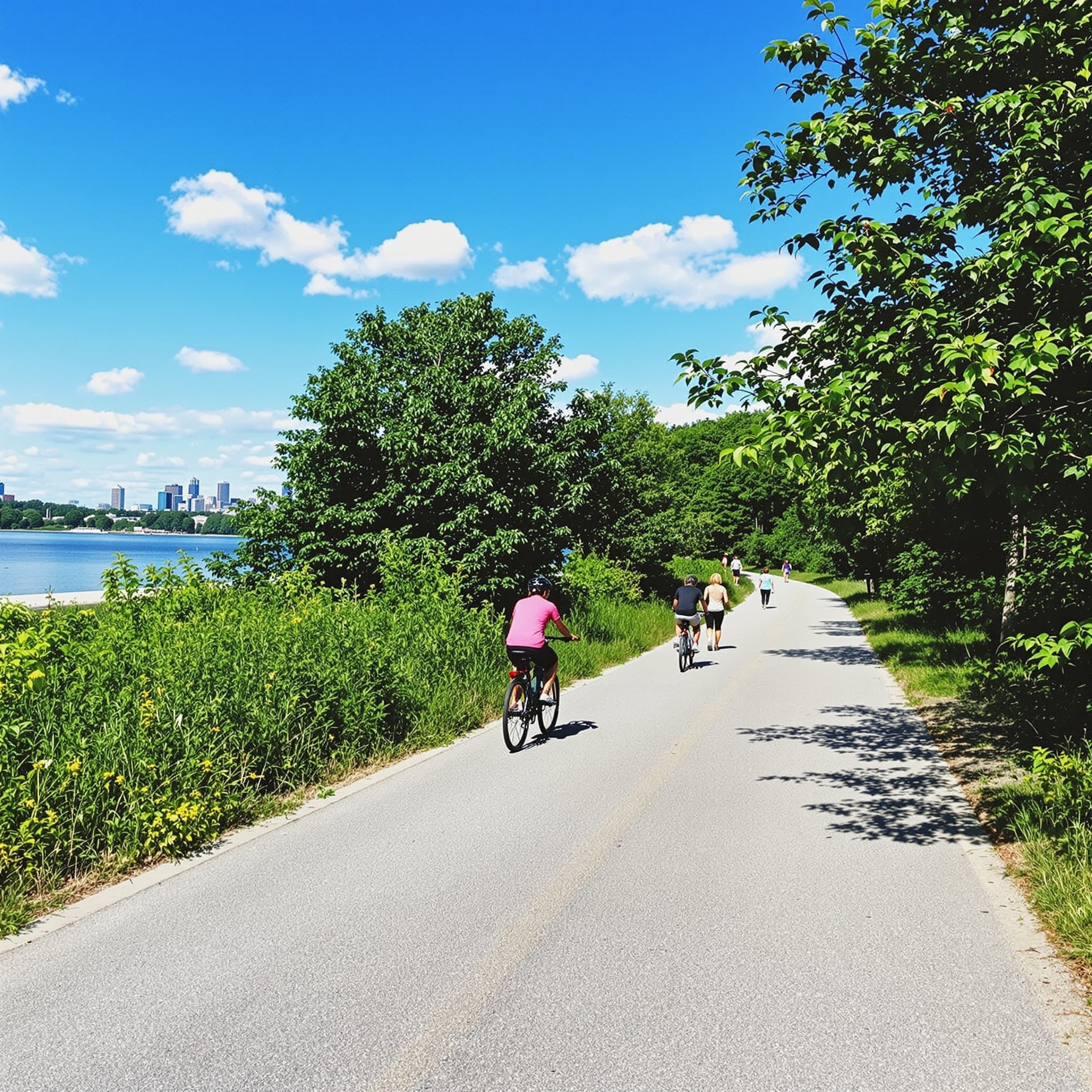 Group of cyclists riding along a paved path with a view of Toronto's Financial District