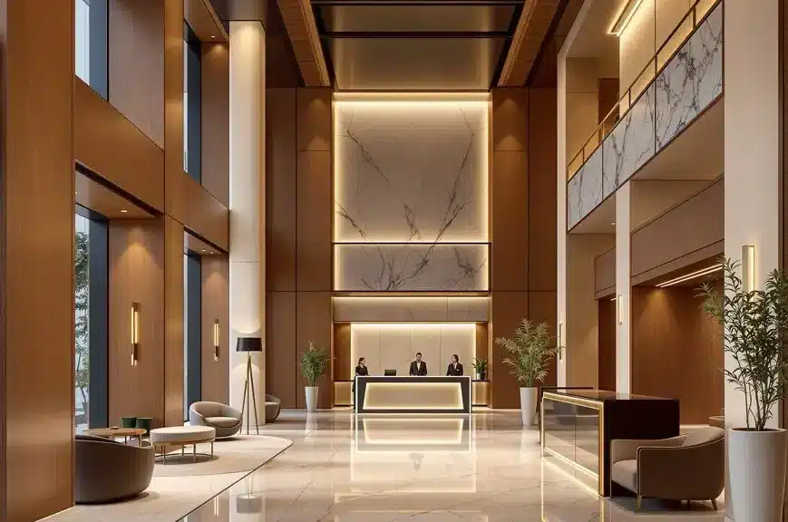 Luxurious condo lobby showcasing modern design and upscale amenities in Toronto, Ontario, Canada, ideal