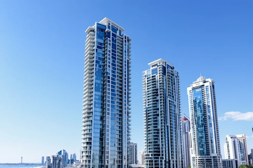Modern glass and steel condominium towers in Fort York, Toronto, showcasing waterfront living and desirable