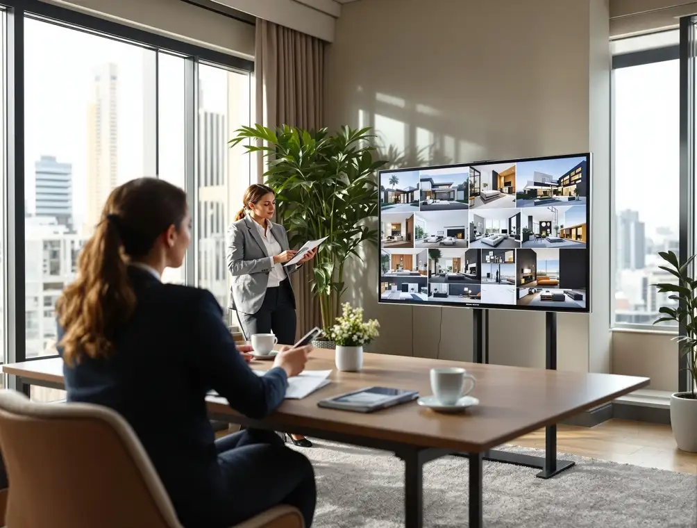Real estate agent presenting luxury condo rental options on a large screen in a modern