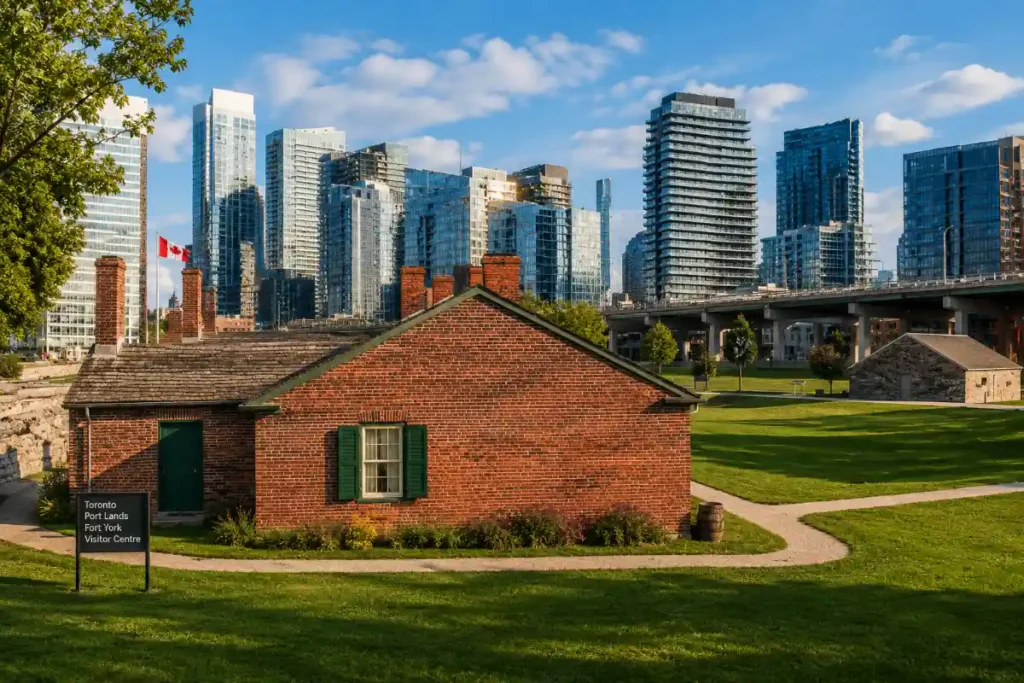 Historic Fort York building with a view of modern Toronto condo towers and Lake Ontario