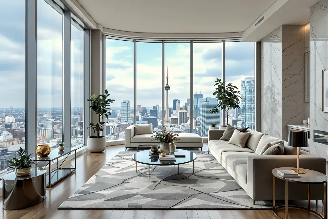 Luxurious Toronto condo living showcased with expansive floor-to-ceiling windows offering panoramic city views, highlighting potential