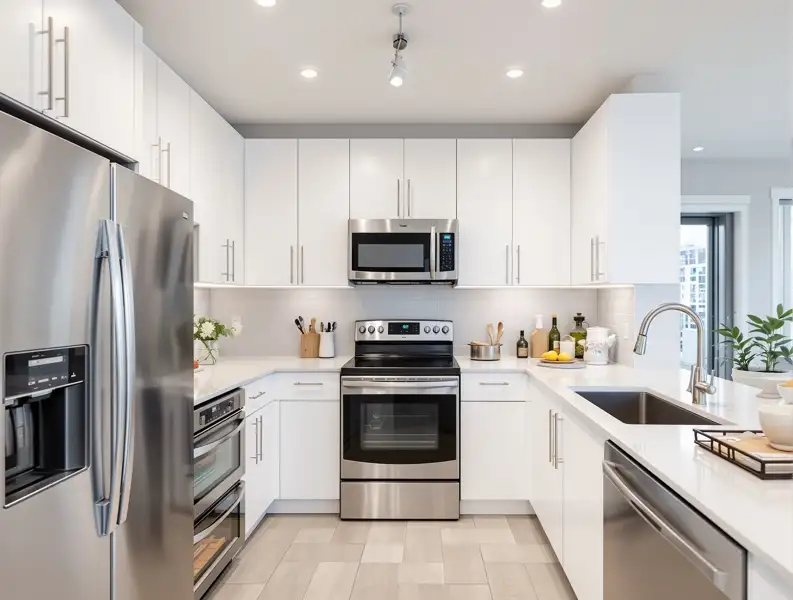 Updated condo kitchen with quartz countertops and stainless steel appliances