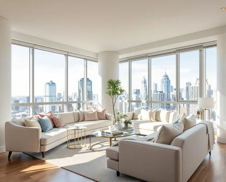 Luxurious Toronto condo living room with expansive windows showcasing a city skyline view, representing