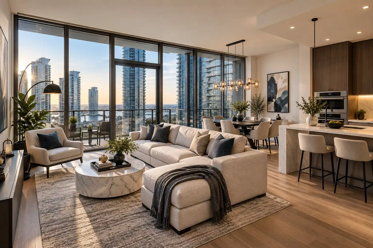Modern Toronto condo living room with expansive windows showcasing a city skyline view, illustrating desirable