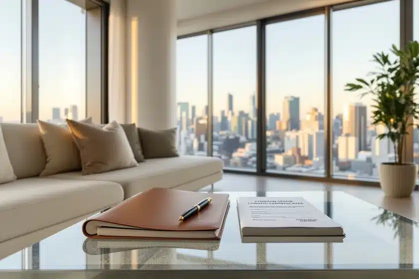 Luxury Toronto condo interior showcasing a city view through large windows, with a status certificate