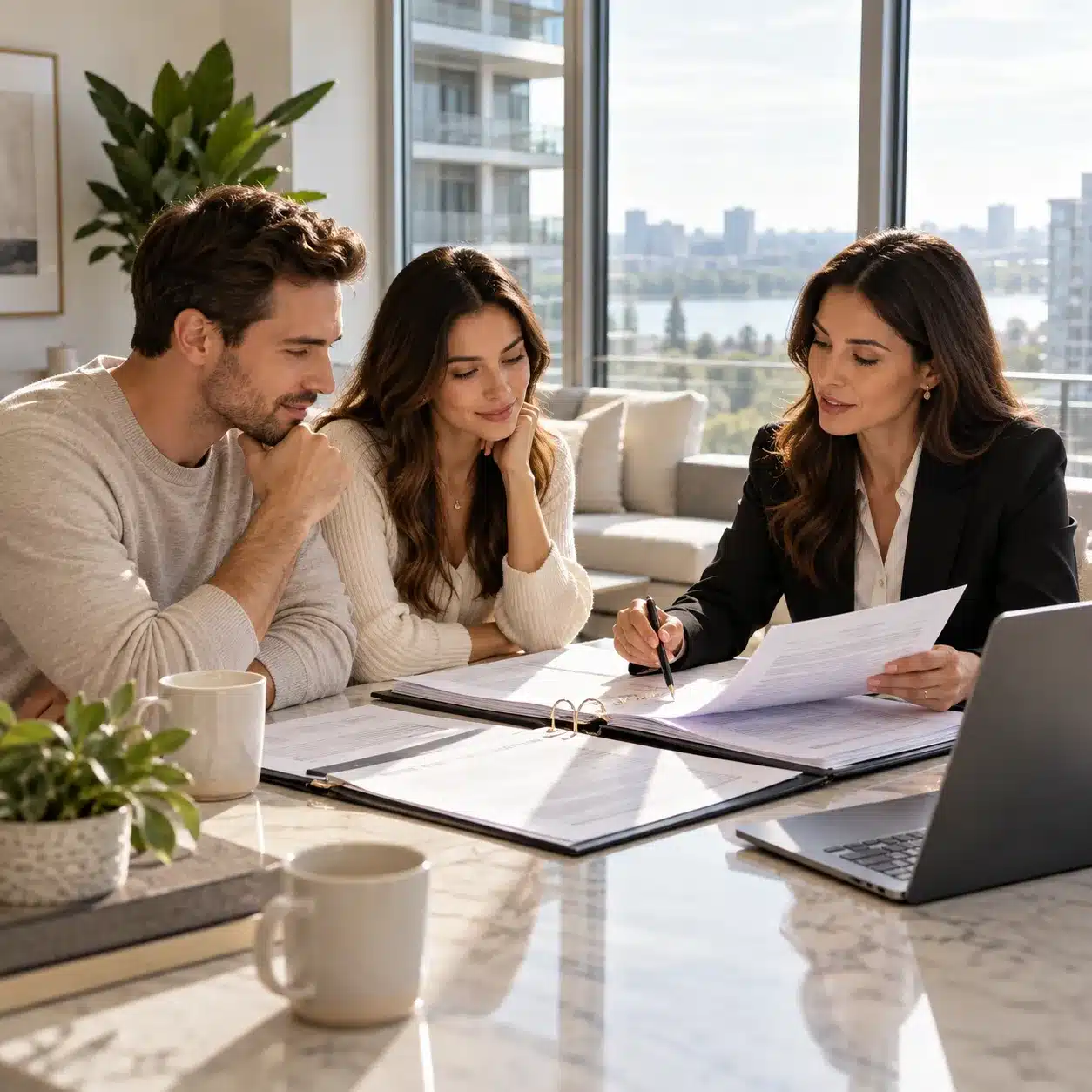 Toronto Condo Team real estate agent reviewing a condominium status certificate with a couple, emphasizing