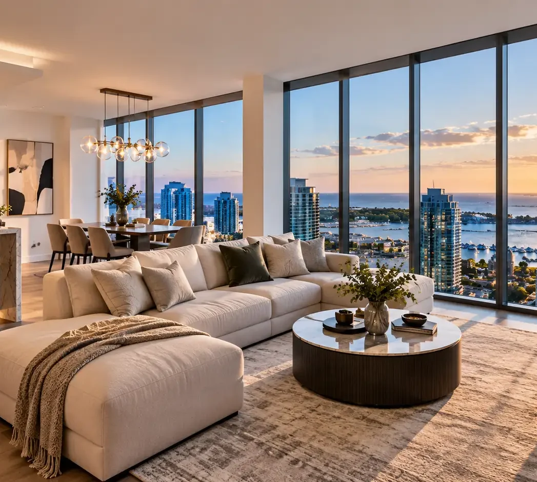 Modern Fort York condo living room showcasing expansive waterfront views from floor-to-ceiling windows, highlighting desirable