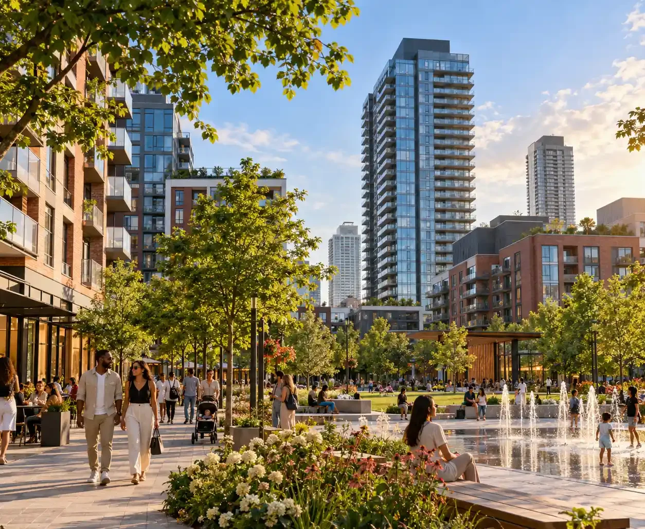 Vibrant Regent Park neighbourhood scene in Toronto, showcasing modern condos, lush green spaces