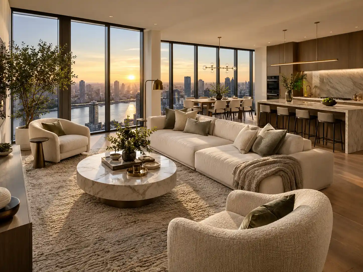 Modern Toronto condo living room with expansive city and waterfront views, showcasing a stylish interior