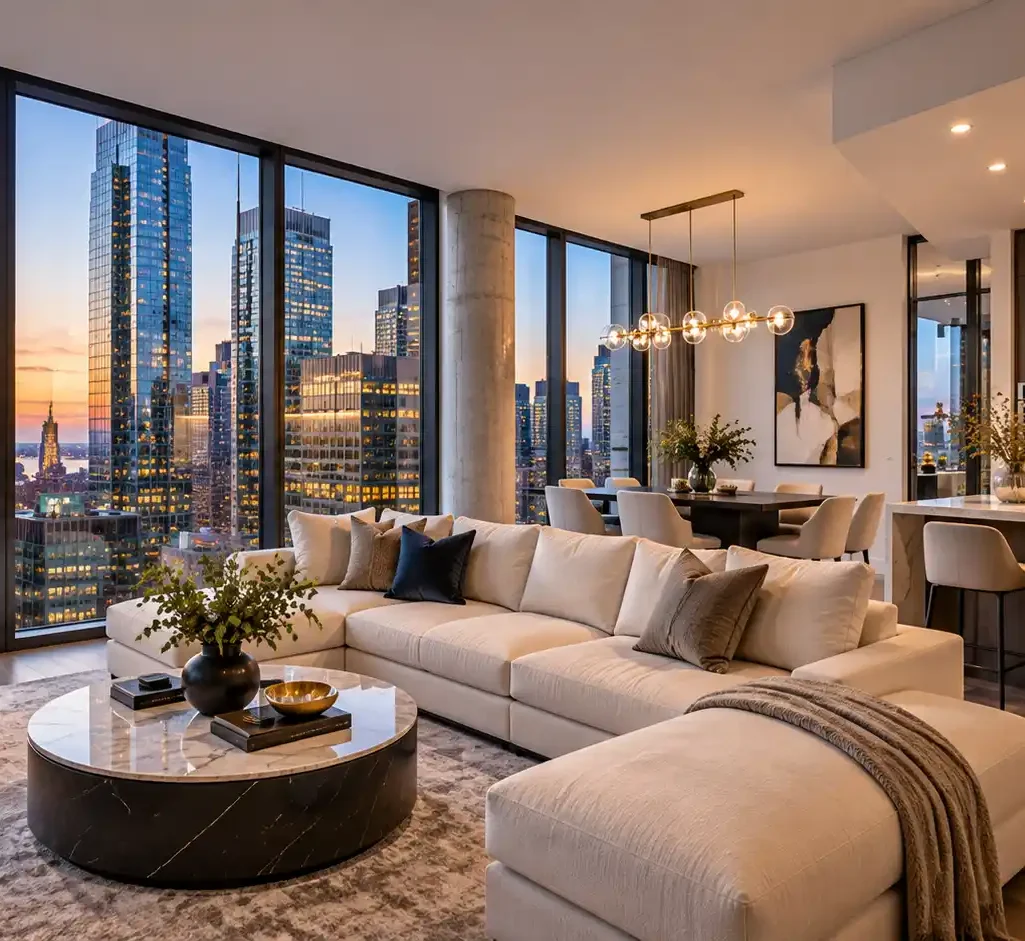 Luxurious Financial District condo living room with expansive city views, showcasing modern design and upscale