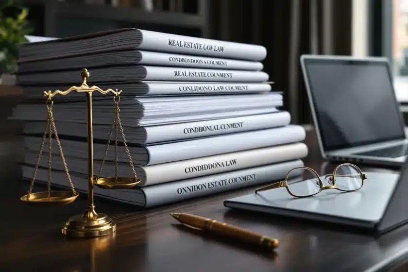 Stack of legal documents, including condominium law, alongside a laptop, scales of justice, glasses