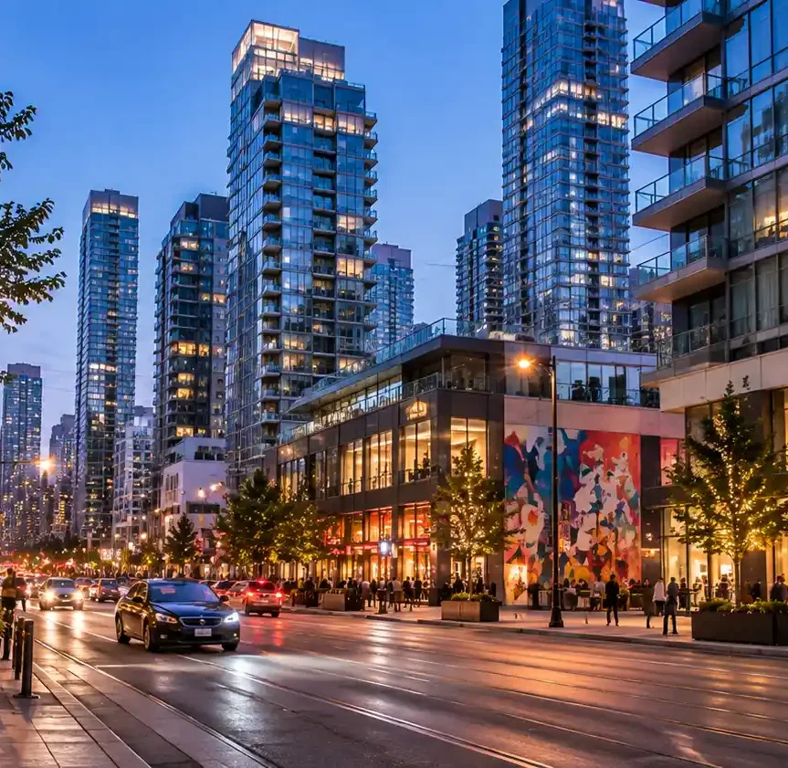 Downtown Toronto skyline at dusk, showcasing modern condo buildings and vibrant street life